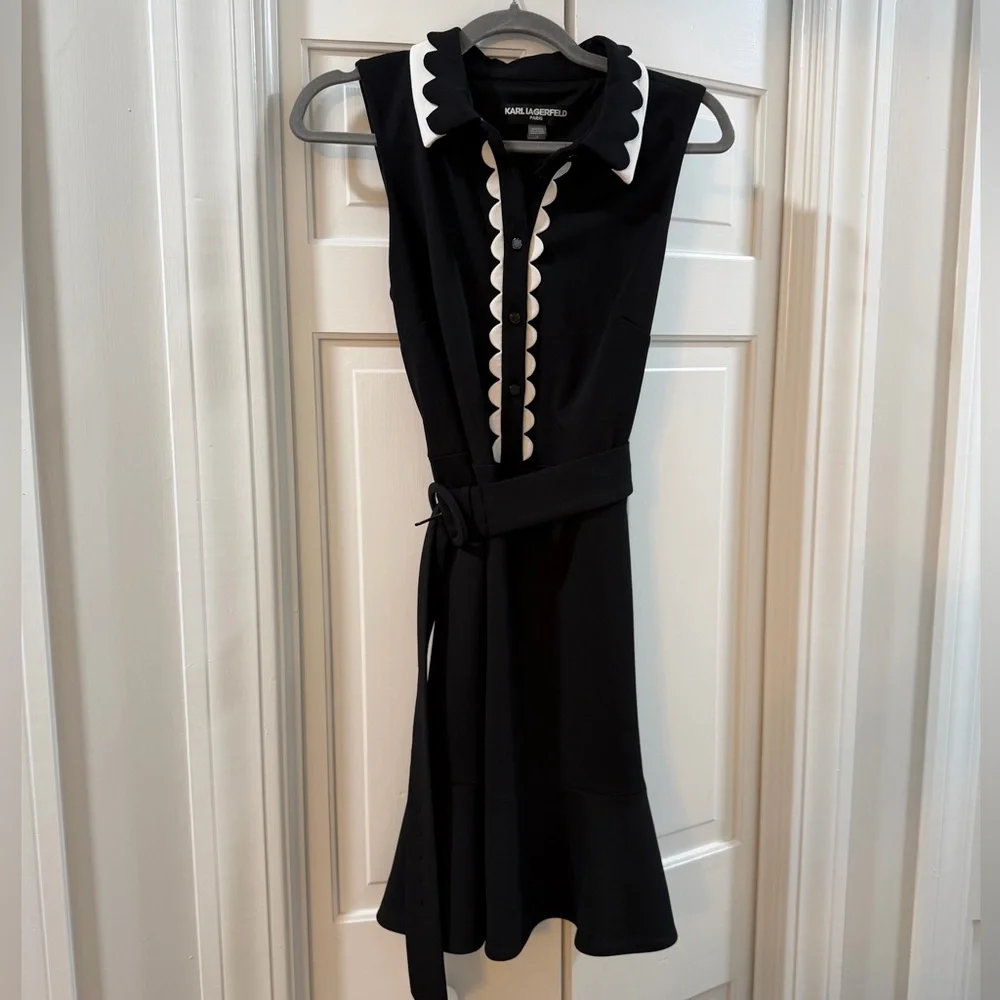 Karl Lagerfeld Black Mini Dress with White Scalloped Details - Picture 5 of 9